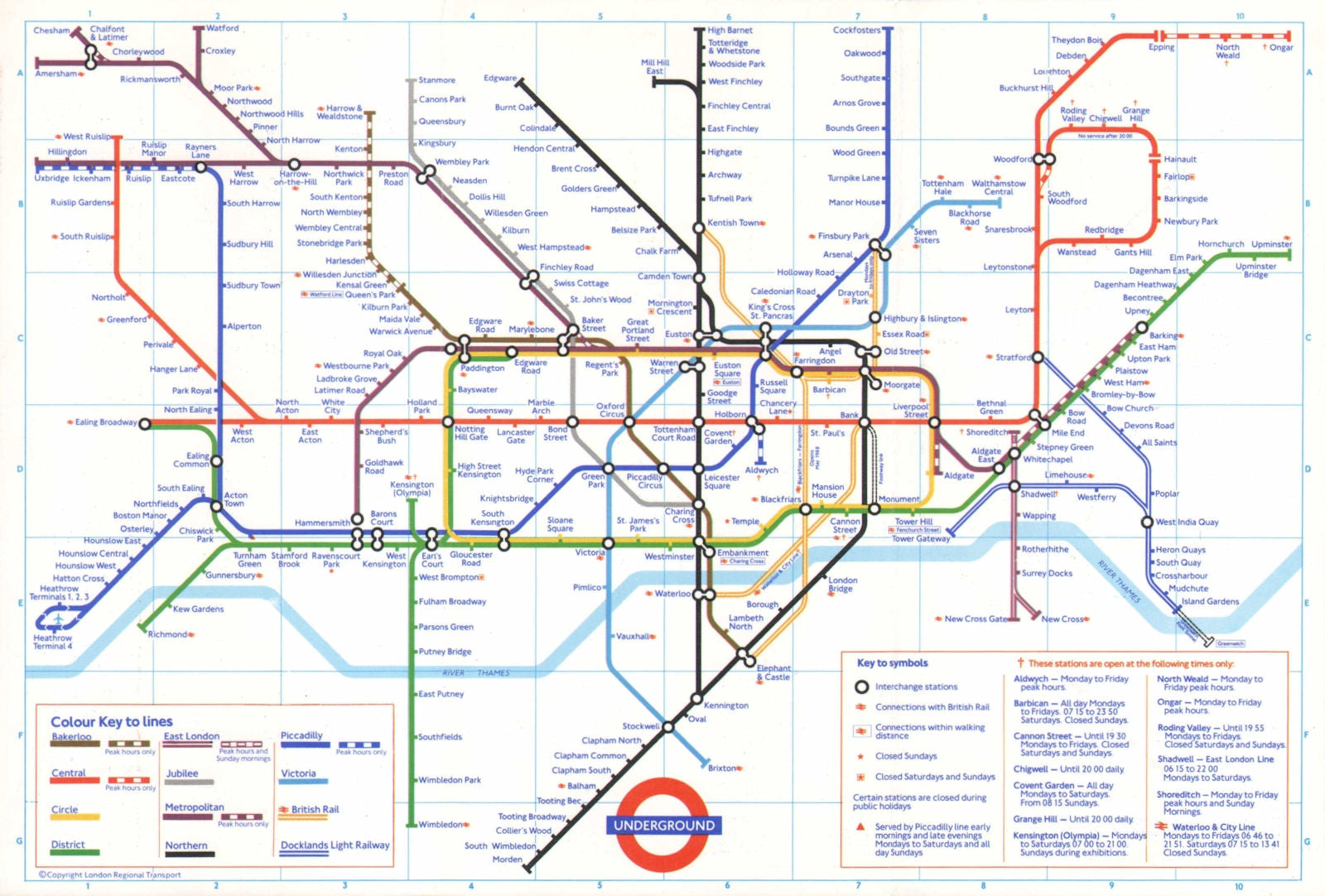 LONDON UNDERGROUND tube plan map. Docklands Light Railway open. #1 1987